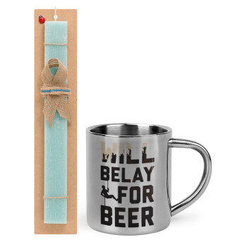 Will Belay For Beer, Easter Set, metallic thermal cup (300ml) & aromatic flat Easter candle (30cm) (TURQUOISE)