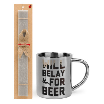 Will Belay For Beer, Easter Set, metallic thermal cup (300ml) & Easter aromatic flat candle (30cm) (GRAY)