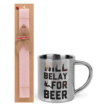 Will Belay For Beer, Easter Set, metallic thermal cup (300ml) & aromatic flat Easter candle (30cm) (PINK)