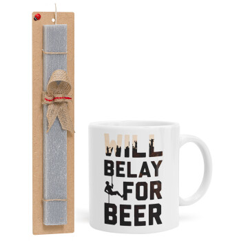 Will Belay For Beer, Easter Set, Ceramic Cup (330ml) & Easter aromatic flat candle (30cm) (GRAY)