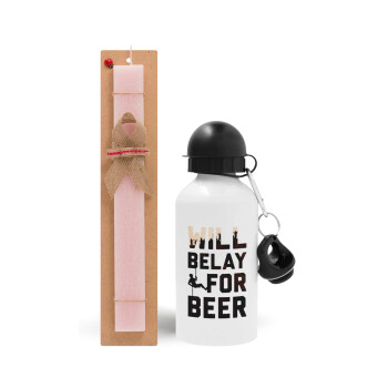 Will Belay For Beer, Easter Set, metallic aluminum bottle (500ml) & aromatic flat Easter candle (30cm) (PINK)