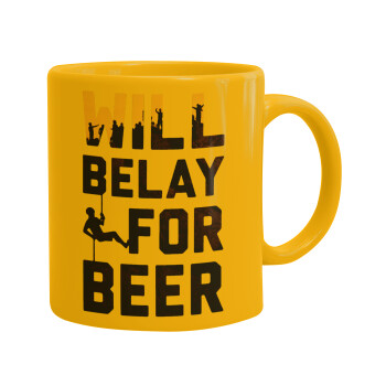 Will Belay For Beer, Ceramic coffee mug yellow, 330ml