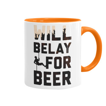 Will Belay For Beer, Mug colored orange, ceramic, 330ml