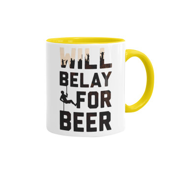 Will Belay For Beer, Κούπα χρωματιστή κίτρινη, κεραμική, 330ml