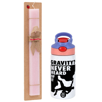 Gravity? Never heard of that!, Easter Set, Children's thermal stainless steel water bottle with safety straw, pink/purple (350ml) & Easter scented flat candle (30cm) (PINK)