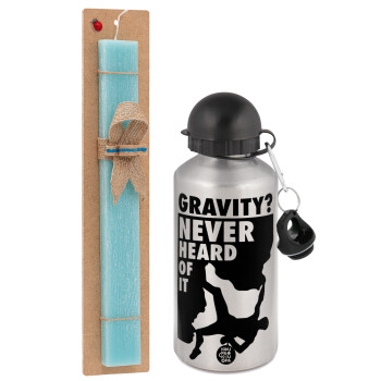 Gravity? Never heard of that!, Easter Set, metallic silver aluminum water bottle (500ml) & scented flat Easter candle (30cm) (TURQUOISE)