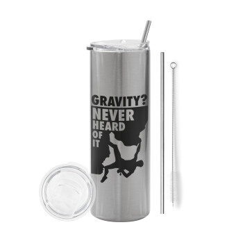 Gravity? Never heard of that!, Eco friendly stainless steel Silver tumbler 600ml, with metal straw & cleaning brush