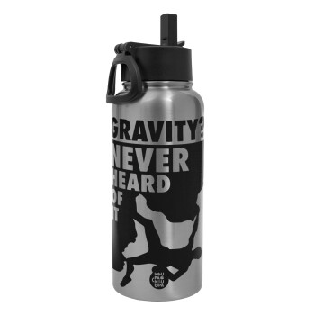 Gravity? Never heard of that!, Metal mug thermo Silver with Straw and Spout Lid (Stainless steel), double wall, 950ml