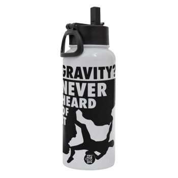 Gravity? Never heard of that!, Metal mug thermo White with Straw and Spout Lid (Stainless steel), double wall, 950ml