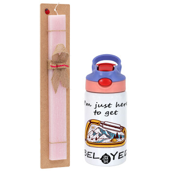 I'm just here to get Belayed, Easter Set, Children's thermal stainless steel water bottle with safety straw, pink/purple (350ml) & Easter scented flat candle (30cm) (PINK)