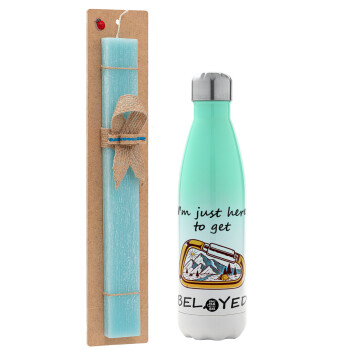 I'm just here to get Belayed, Easter Set, Metallic green/white thermos (Stainless steel), double-walled, 500ml & scented flat Easter candle (30cm) (TURQUOISE)