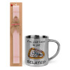 Easter Set, metallic thermal cup (300ml) & aromatic flat Easter candle (30cm) (PINK)