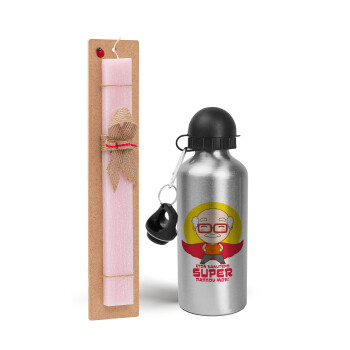 To my best Super Grandpa!, Easter Set, metallic Silver aluminum water bottle (500ml) & scented flat Easter candle (30cm) (PINK)