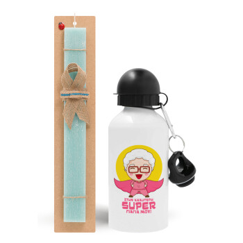 To my best Super Grandma!, Easter Set, metallic aluminum water bottle (500ml) & scented flat candle (30cm) (TURQUOISE)