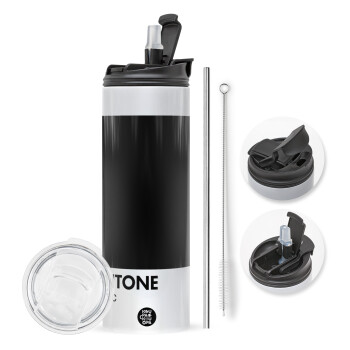 Pantone Black, Travel Tumbler 2 Lids, with metal straw & cleaning brush (Stainless steel 304 Food grade, BPA free, 600ml)