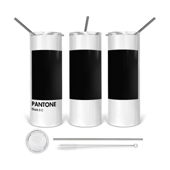 Pantone Black, Tumbler ποτήρι θερμό από ανοξείδωτο ατσάλι 600ml, με μεταλλικό καλαμάκι & βούρτσα καθαρισμού