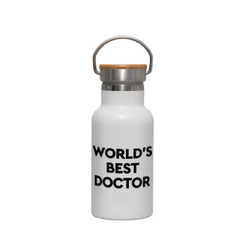 World's Best Doctor, Μεταλλικό παγούρι θερμός (Stainless steel) Λευκό με ξύλινο καπακι (bamboo), διπλού τοιχώματος, 350ml
