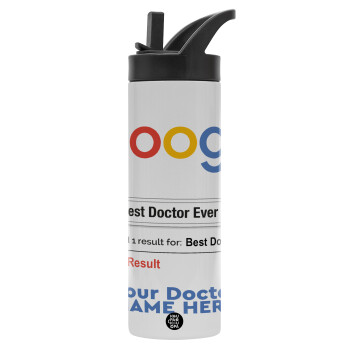 Searching for Best Doctor Ever..., Metallic thermos bottle with straw & handle, stainless steel (Stainless steel 304), double-walled, 600ml.