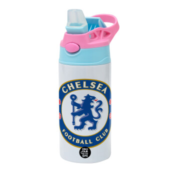 FC Chelsea, Children's hot water bottle, stainless steel, with safety straw, Pink/BlueCiel (360ml) BPA FREE