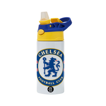 FC Chelsea, Children's hot water bottle, stainless steel, with safety straw, green, blue (360ml) BPA FREE