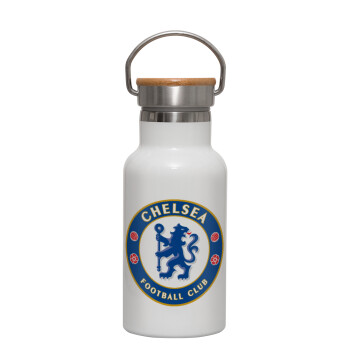 FC Chelsea, Μεταλλικό παγούρι θερμός (Stainless steel) Λευκό με ξύλινο καπακι (bamboo), διπλού τοιχώματος, 350ml