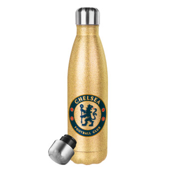 FC Chelsea, Glitter gold stainless steel thermos bottle, double-walled, 500ml