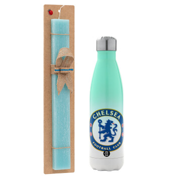 FC Chelsea, Easter Set, Metallic green/white thermos (Stainless steel), double-walled, 500ml & scented flat Easter candle (30cm) (TURQUOISE)