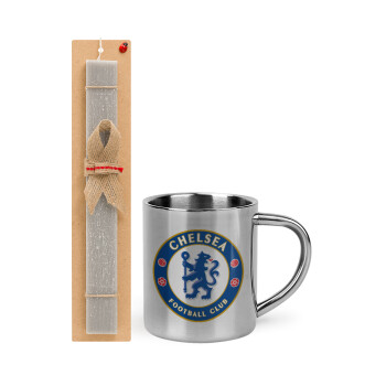 FC Chelsea, Πασχαλινό Σετ, μεταλλική κούπα θερμό (300ml) & πασχαλινή λαμπάδα αρωματική πλακέ (30cm) (ΓΚΡΙ)
