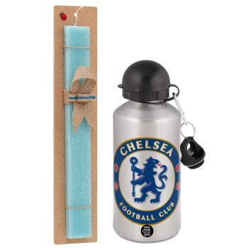 FC Chelsea, Easter Set, metallic silver aluminum water bottle (500ml) & scented flat Easter candle (30cm) (TURQUOISE)