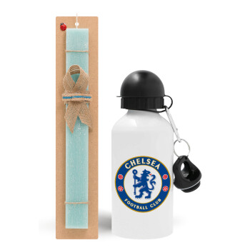 FC Chelsea, Easter Set, metallic aluminum water bottle (500ml) & scented flat candle (30cm) (TURQUOISE)