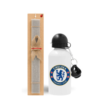 FC Chelsea, Easter Set, metallic aluminum water bottle (500ml) & aromatic flat Easter candle (30cm) (GRAY)