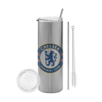 FC Chelsea, Eco friendly stainless steel Silver tumbler 600ml, with metal straw & cleaning brush