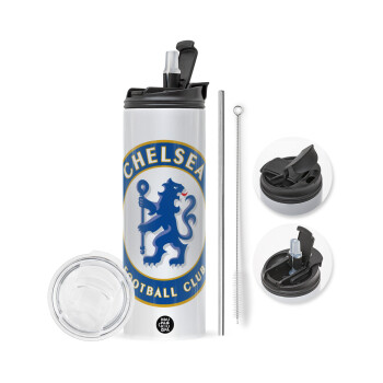 FC Chelsea, Travel Tumbler θερμό με διπλό καπάκι, μεταλλικό καλαμάκι και βούρτσα καθαρισμού (Ανωξείδωτο 304 Food grade, BPA free, 600ml)