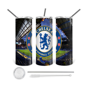 FC Chelsea, Tumbler ποτήρι θερμό από ανοξείδωτο ατσάλι 600ml, με μεταλλικό καλαμάκι & βούρτσα καθαρισμού