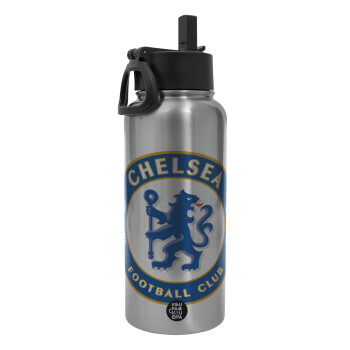 FC Chelsea, Metal mug thermo Silver with Straw and Spout Lid (Stainless steel), double wall, 950ml