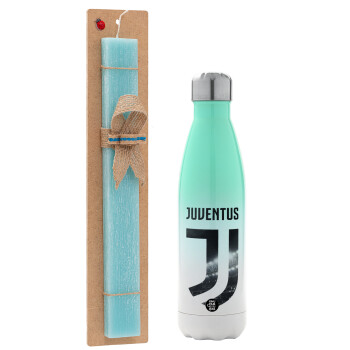 FC Juventus, Easter Set, Metallic green/white thermos (Stainless steel), double-walled, 500ml & scented flat Easter candle (30cm) (TURQUOISE)