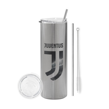 FC Juventus, Eco friendly stainless steel Silver tumbler 600ml, with metal straw & cleaning brush