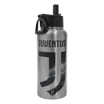 FC Juventus, Metal mug thermo Silver with Straw and Spout Lid (Stainless steel), double wall, 950ml