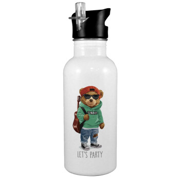 Let's Party Bear, White water bottle with straw, stainless steel 600ml