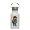 Metallic thermos (Stainless steel) White with wooden lid (bamboo), double-walled, 350ml