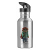 Water bottle Silver with straw, stainless steel 600ml