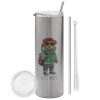 Eco friendly stainless steel Silver tumbler 600ml, with metal straw & cleaning brush