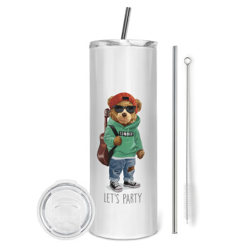 Let's Party Bear, Tumbler ποτήρι θερμό από ανοξείδωτο ατσάλι 600ml, με μεταλλικό καλαμάκι & βούρτσα καθαρισμού