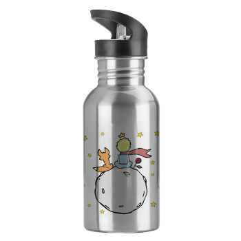 Little prince, Water bottle Silver with straw, stainless steel 600ml