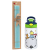 Easter Set, Children's thermal stainless steel bottle with safety straw, green/blue (350ml) & aromatic flat Easter candle (30cm) (TURQUOISE)