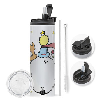 Little prince, Travel Tumbler θερμό με διπλό καπάκι, μεταλλικό καλαμάκι και βούρτσα καθαρισμού (Ανωξείδωτο 304 Food grade, BPA free, 600ml)