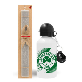 Π.Α.Ο., Easter Set, metallic aluminum water bottle (500ml) & aromatic flat Easter candle (30cm) (GRAY)