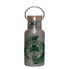 Stainless steel metallic thermos flask, silver with a bamboo lid, double-walled, 350ml.