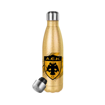 FC Α.Ε.Κ., Glitter gold stainless steel thermos bottle, double-walled, 500ml