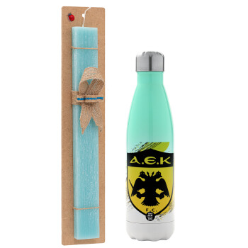 FC Α.Ε.Κ., Easter Set, Metallic green/white thermos (Stainless steel), double-walled, 500ml & scented flat Easter candle (30cm) (TURQUOISE)